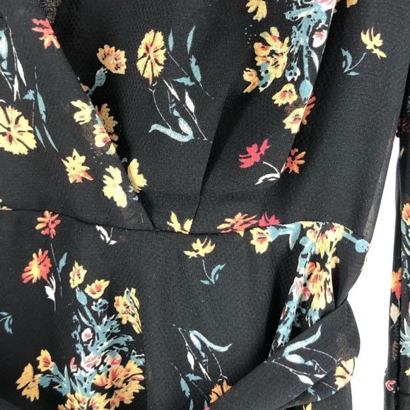 Free People Lilou Black Floral Print Mini Dress Belted Long Bell Sleeves - Picture 4 of 11